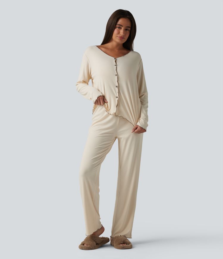 V Neck Long Sleeve Frill Hem Lounge Top