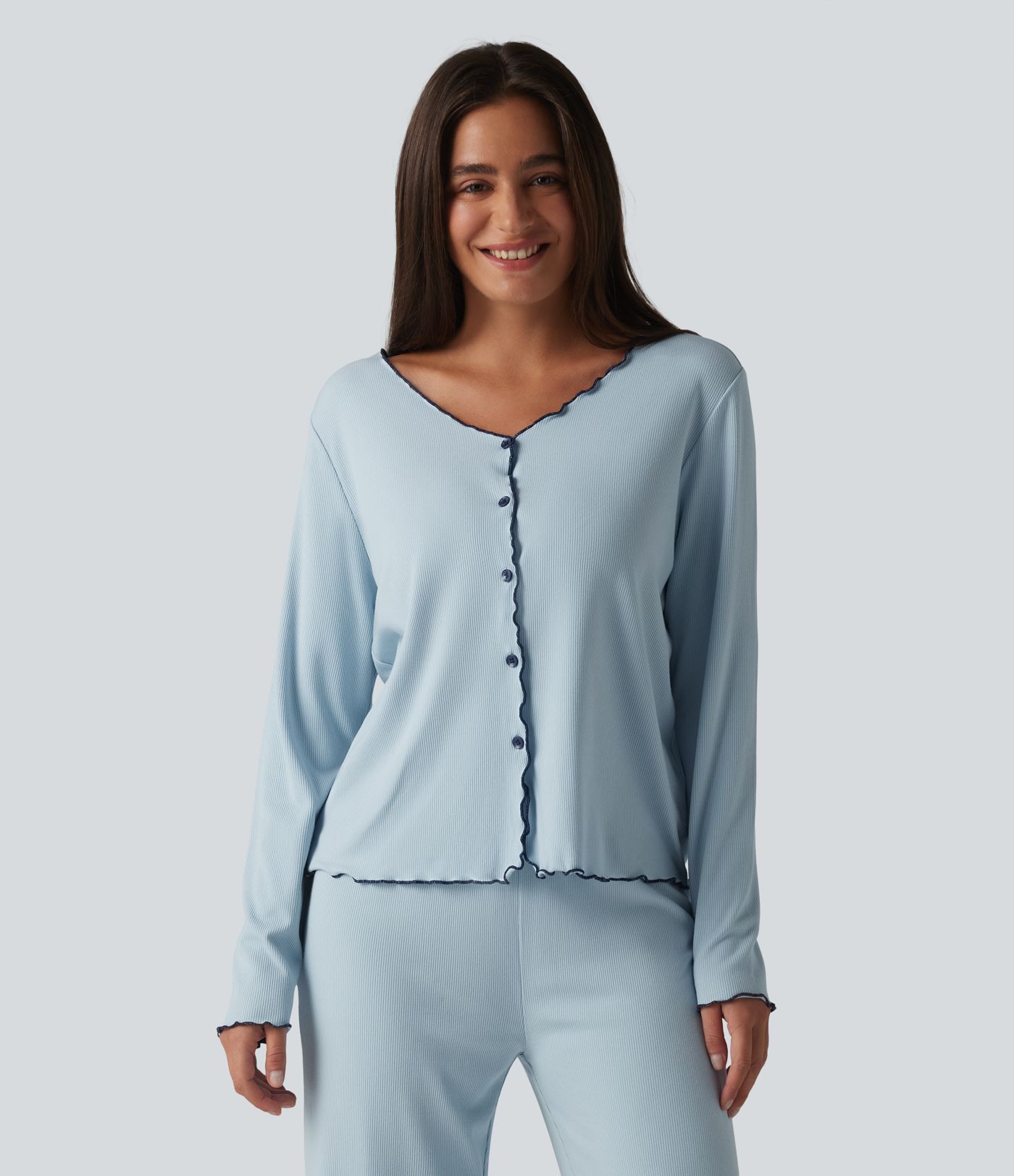 V Neck Long Sleeve Frill Hem Lounge Top
