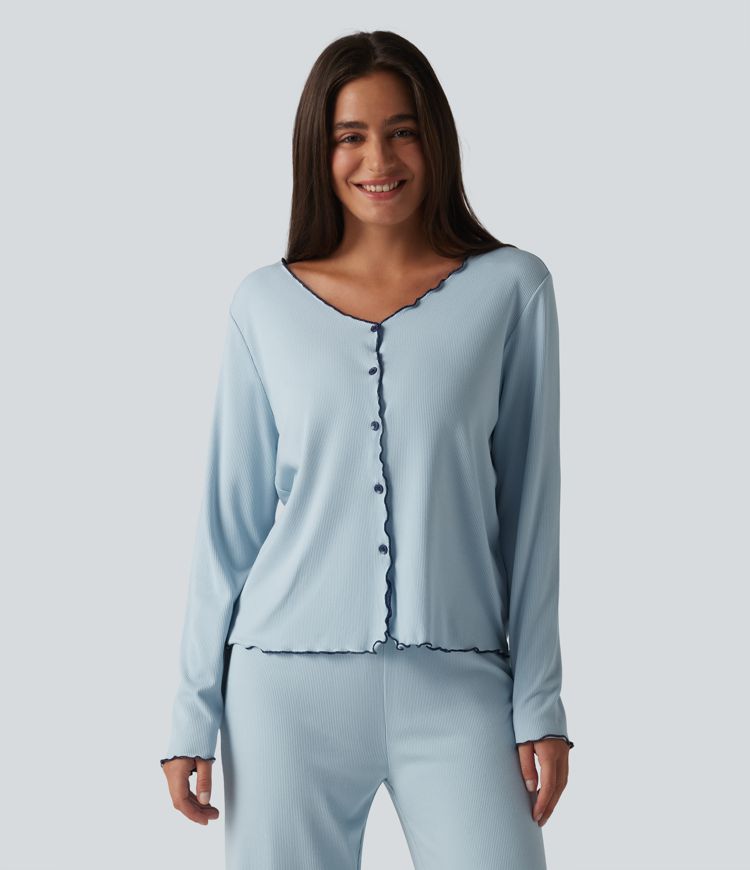 V Neck Long Sleeve Frill Hem Lounge Top