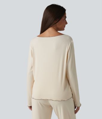 V Neck Long Sleeve Frill Hem Lounge Top