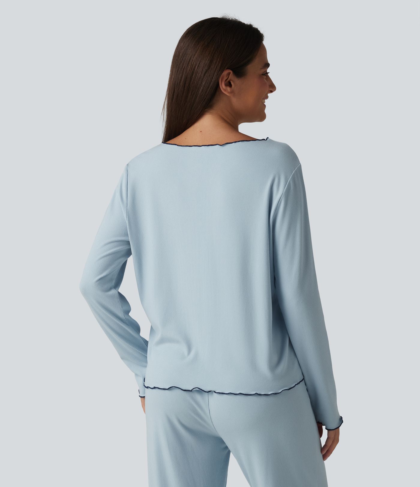 V Neck Long Sleeve Frill Hem Lounge Top