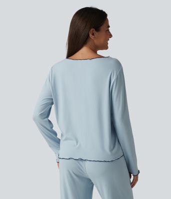 V Neck Long Sleeve Frill Hem Lounge Top