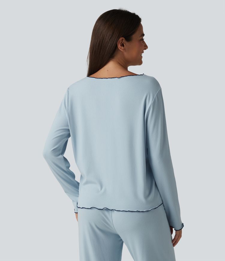 V Neck Long Sleeve Frill Hem Lounge Top