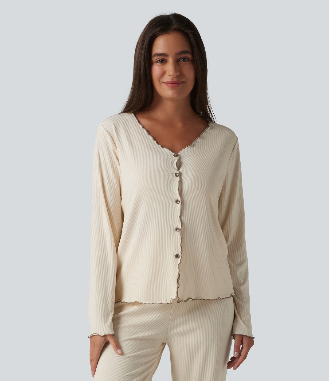 V Neck Long Sleeve Frill Hem Lounge Top
