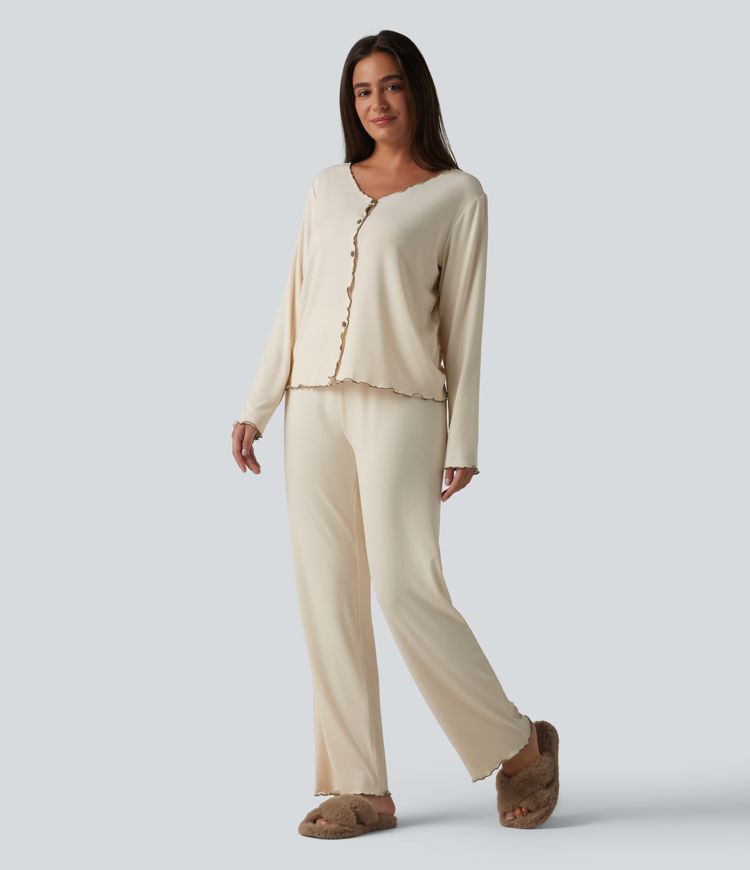 V Neck Long Sleeve Frill Hem Lounge Top