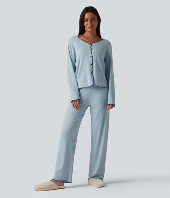 V Neck Long Sleeve Frill Hem Lounge Top