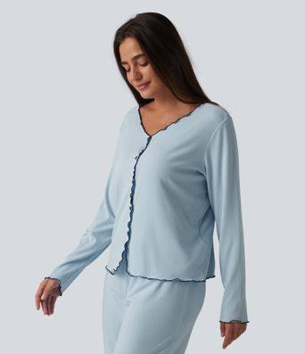V Neck Long Sleeve Frill Hem Lounge Top
