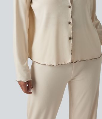 V Neck Long Sleeve Frill Hem Lounge Top