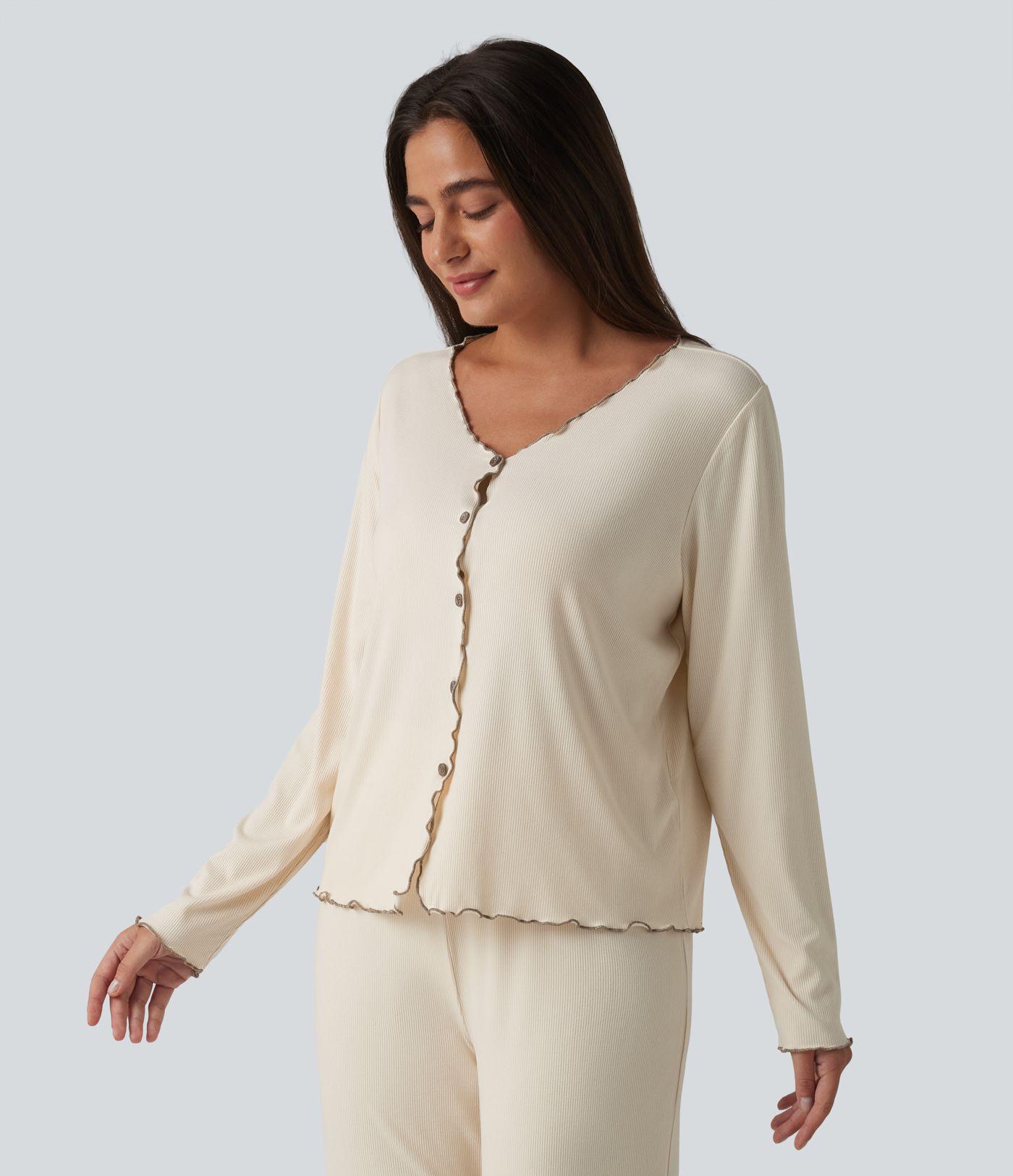 V Neck Long Sleeve Frill Hem Lounge Top