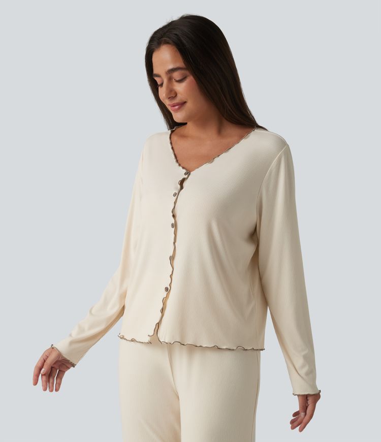 V Neck Long Sleeve Frill Hem Lounge Top