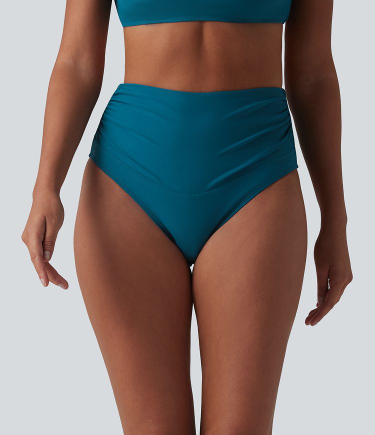 Geraffte Bikinihose mit hohem Bund und Bauchkontrolle