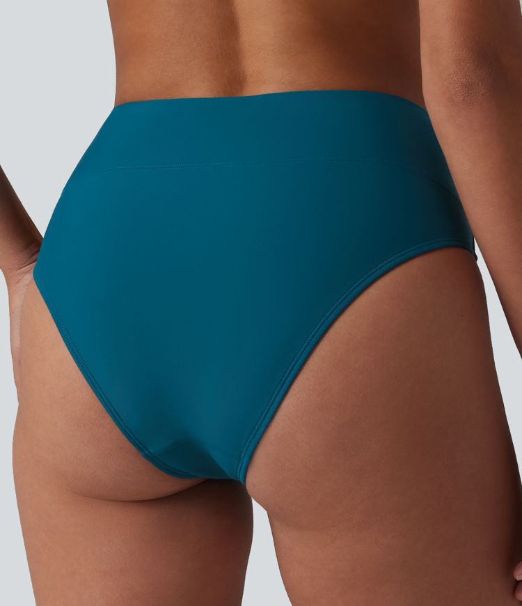 Geraffte Bikinihose mit hohem Bund und Bauchkontrolle