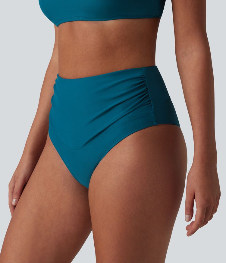 Geraffte Bikinihose mit hohem Bund und Bauchkontrolle