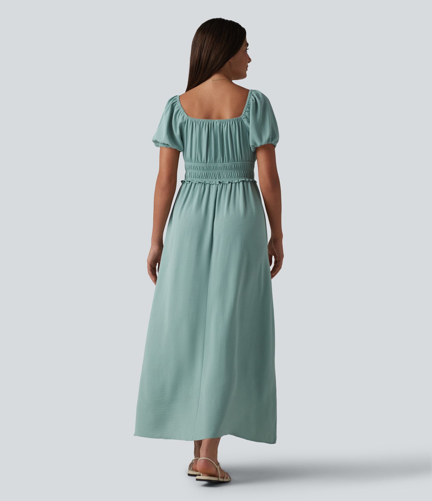 Square Neck Puff Sleeve Shirred Built-in Bra Maxi Casual Flowy Dress with Pockets