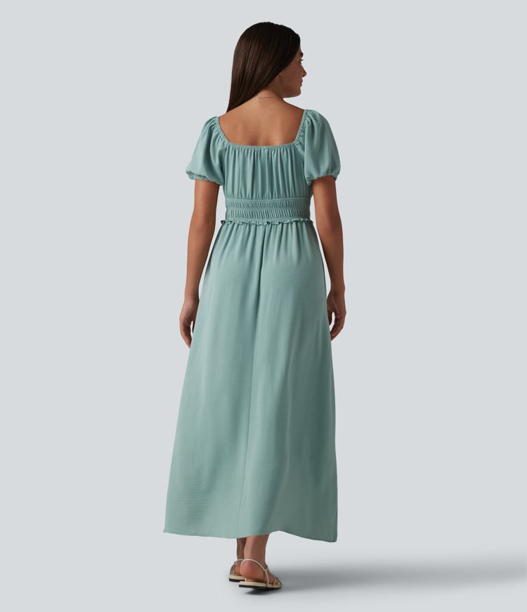 Square Neck Puff Sleeve Shirred Built-in Bra Maxi Casual Flowy Dress with Pockets