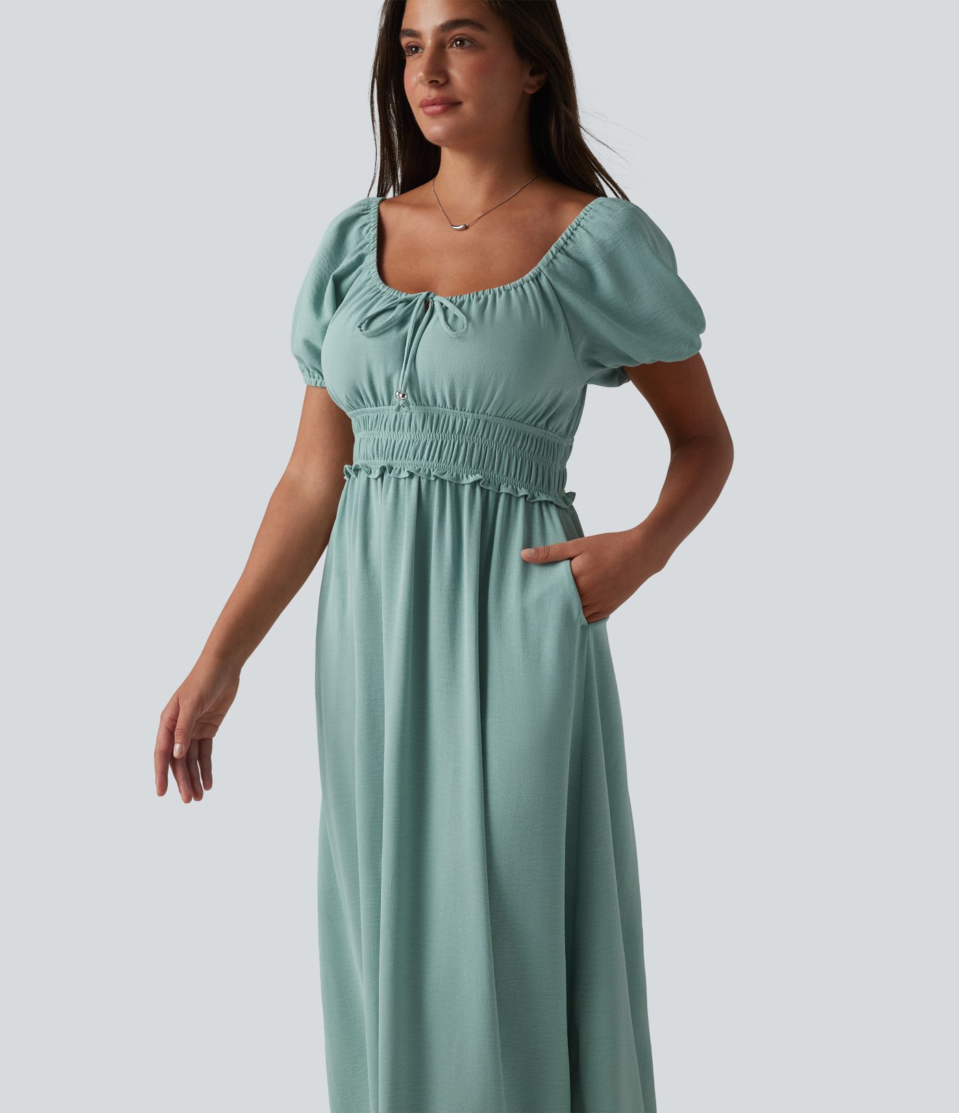 Square Neck Puff Sleeve Shirred Built-in Bra Maxi Casual Flowy Dress with Pockets