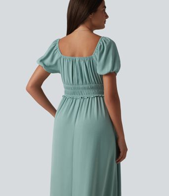 Square Neck Puff Sleeve Shirred Built-in Bra Maxi Casual Flowy Dress with Pockets