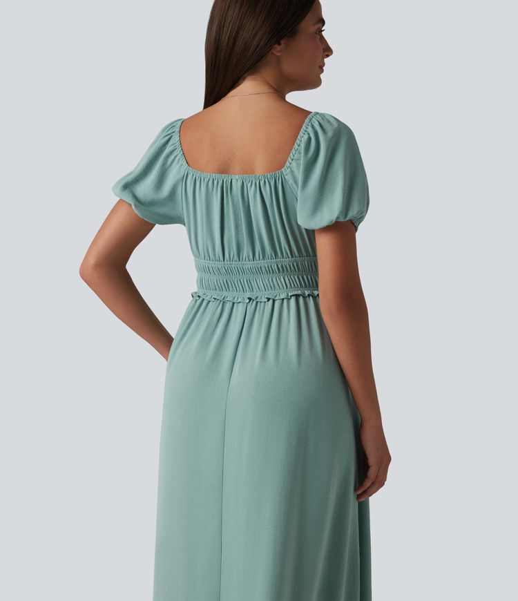 Square Neck Puff Sleeve Shirred Built-in Bra Maxi Casual Flowy Dress with Pockets