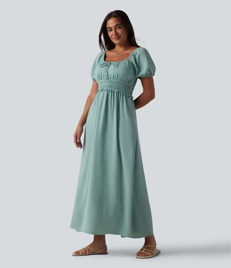 Square Neck Puff Sleeve Shirred Built-in Bra Maxi Casual Flowy Dress with Pockets