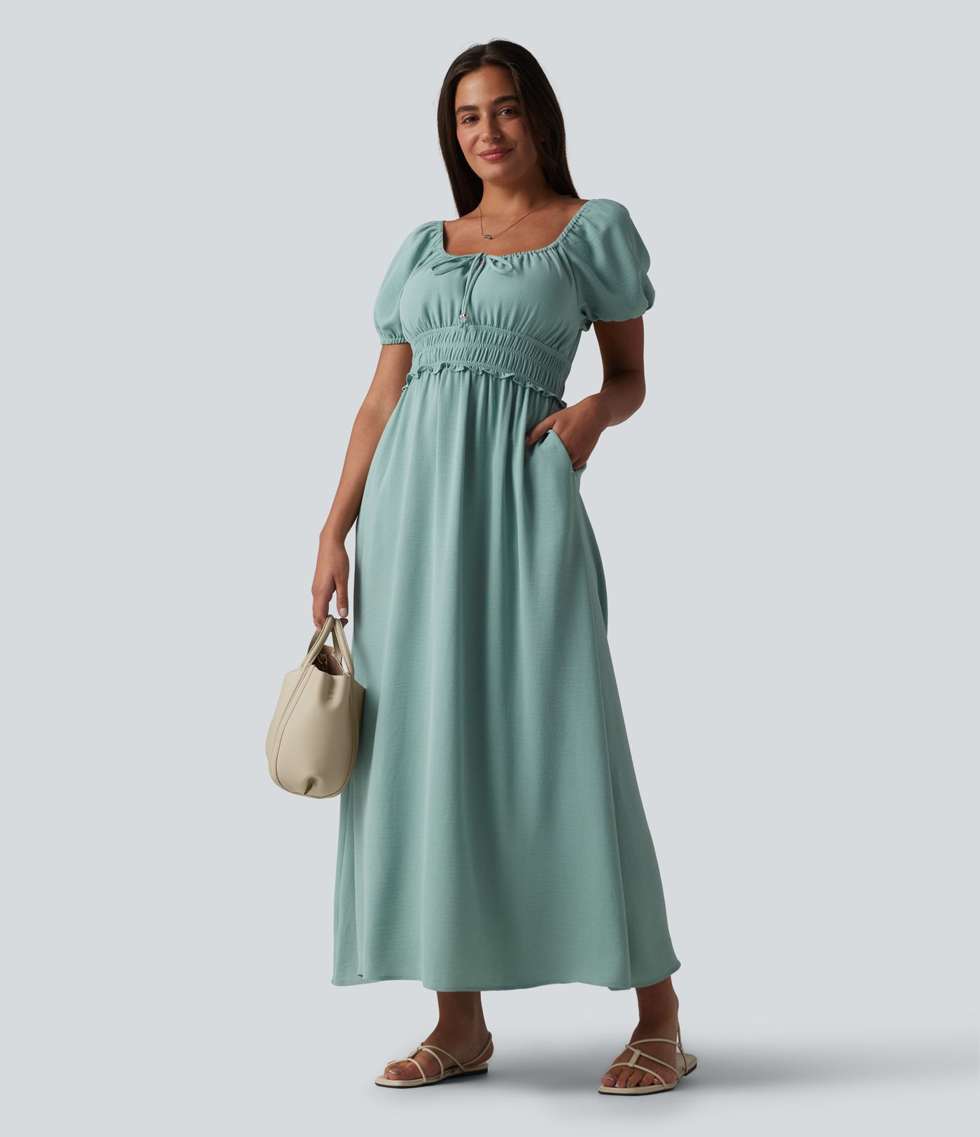 Square Neck Puff Sleeve Shirred Built-in Bra Maxi Casual Flowy Dress with Pockets