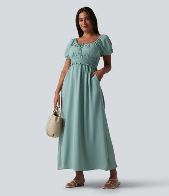 Square Neck Puff Sleeve Shirred Built-in Bra Maxi Casual Flowy Dress with Pockets