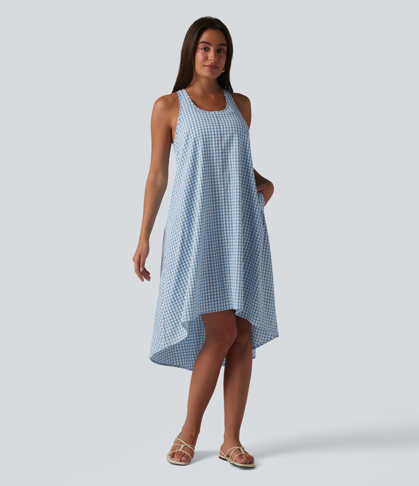 Backless Racerback High Low Built-in Bra Gingham Flowy Midi Resort Dress with Pockets