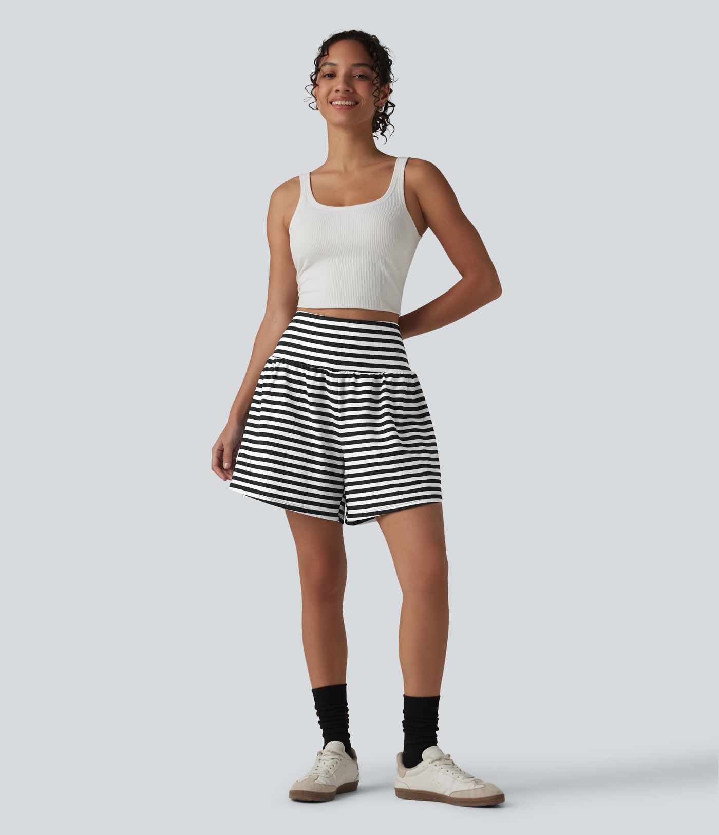High Waisted 2-in-1 Stripe Waffle Casual Shorts 5'' with Pockets
