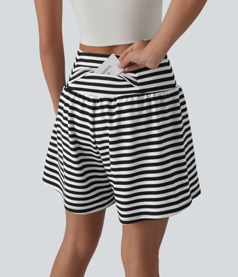 High Waisted 2-in-1 Stripe Waffle Casual Shorts 5'' with Pockets