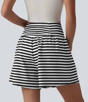 High Waisted 2-in-1 Stripe Waffle Casual Shorts 5'' with Pockets