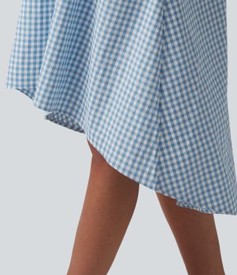 Backless Racerback High Low Built-in Bra Gingham Flowy Midi Resort Dress with Pockets