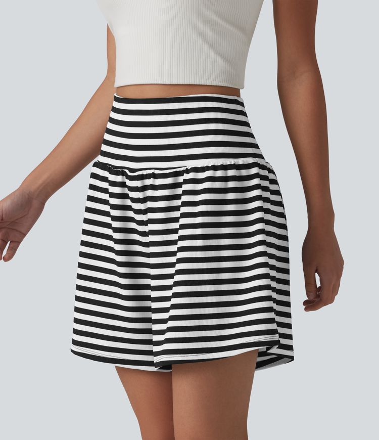 High Waisted 2-in-1 Stripe Waffle Casual Shorts 5'' with Pockets