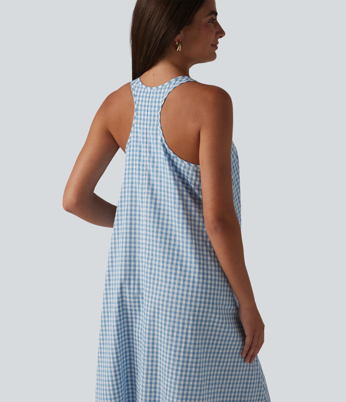 Backless Racerback High Low Built-in Bra Gingham Flowy Midi Resort Dress with Pockets