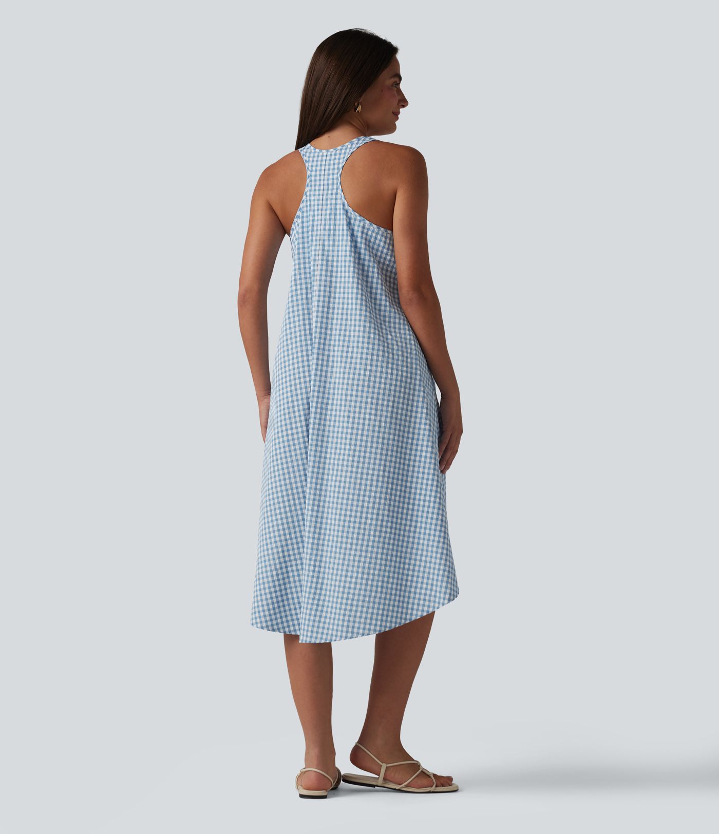 Backless Racerback High Low Built-in Bra Gingham Flowy Midi Resort Dress with Pockets