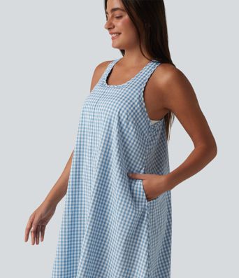 Backless Racerback High Low Built-in Bra Gingham Flowy Midi Resort Dress with Pockets