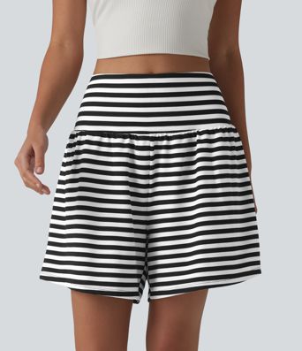 High Waisted 2-in-1 Stripe Waffle Casual Shorts 5'' with Pockets