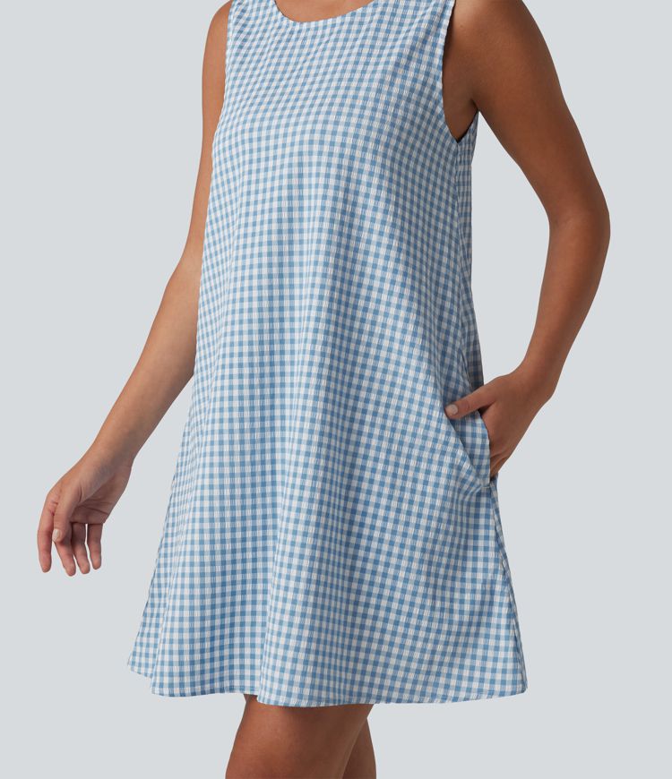 Round Neck Sleeveless Mini Crinkle Gingham Casual Tank Dress with Pockets