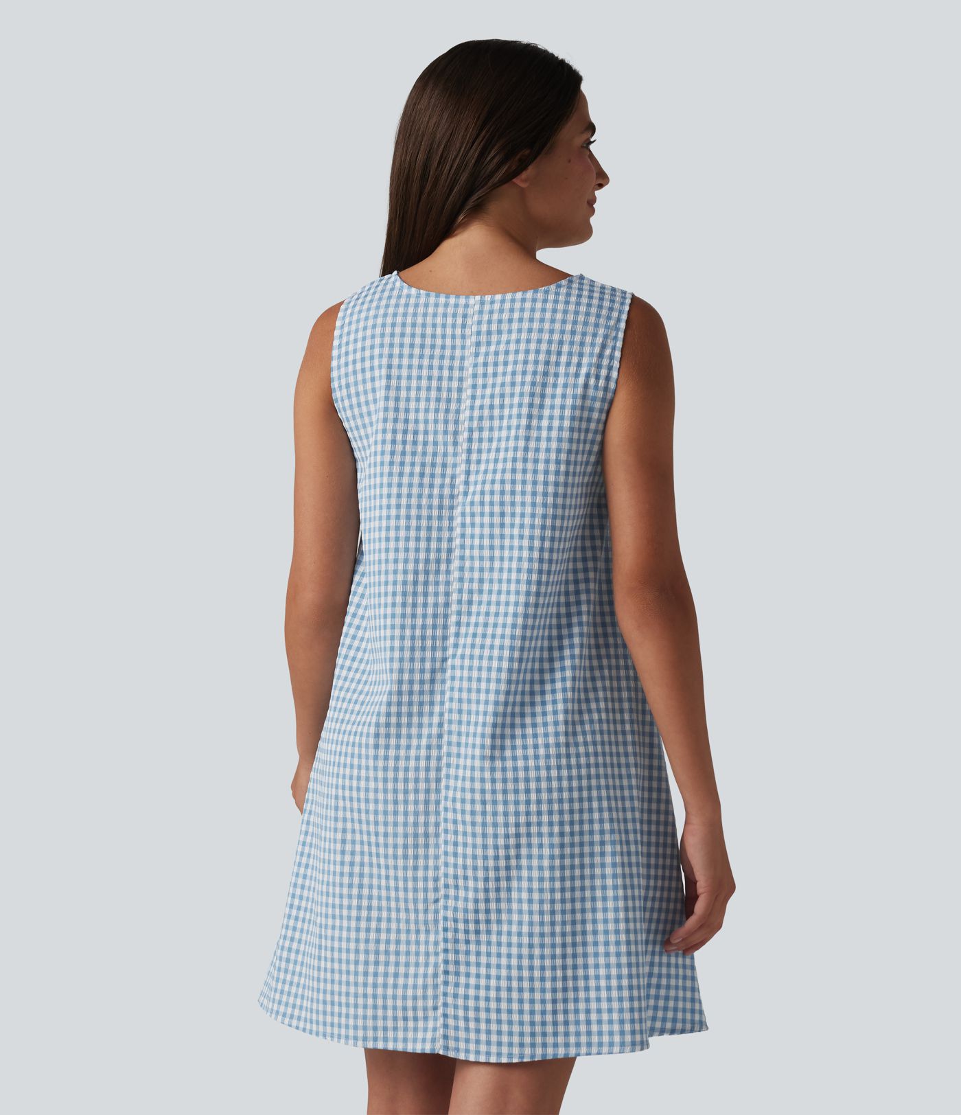 Round Neck Sleeveless Mini Crinkle Gingham Casual Tank Dress with Pockets
