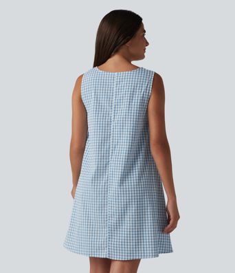 Round Neck Sleeveless Mini Crinkle Gingham Casual Tank Dress with Pockets