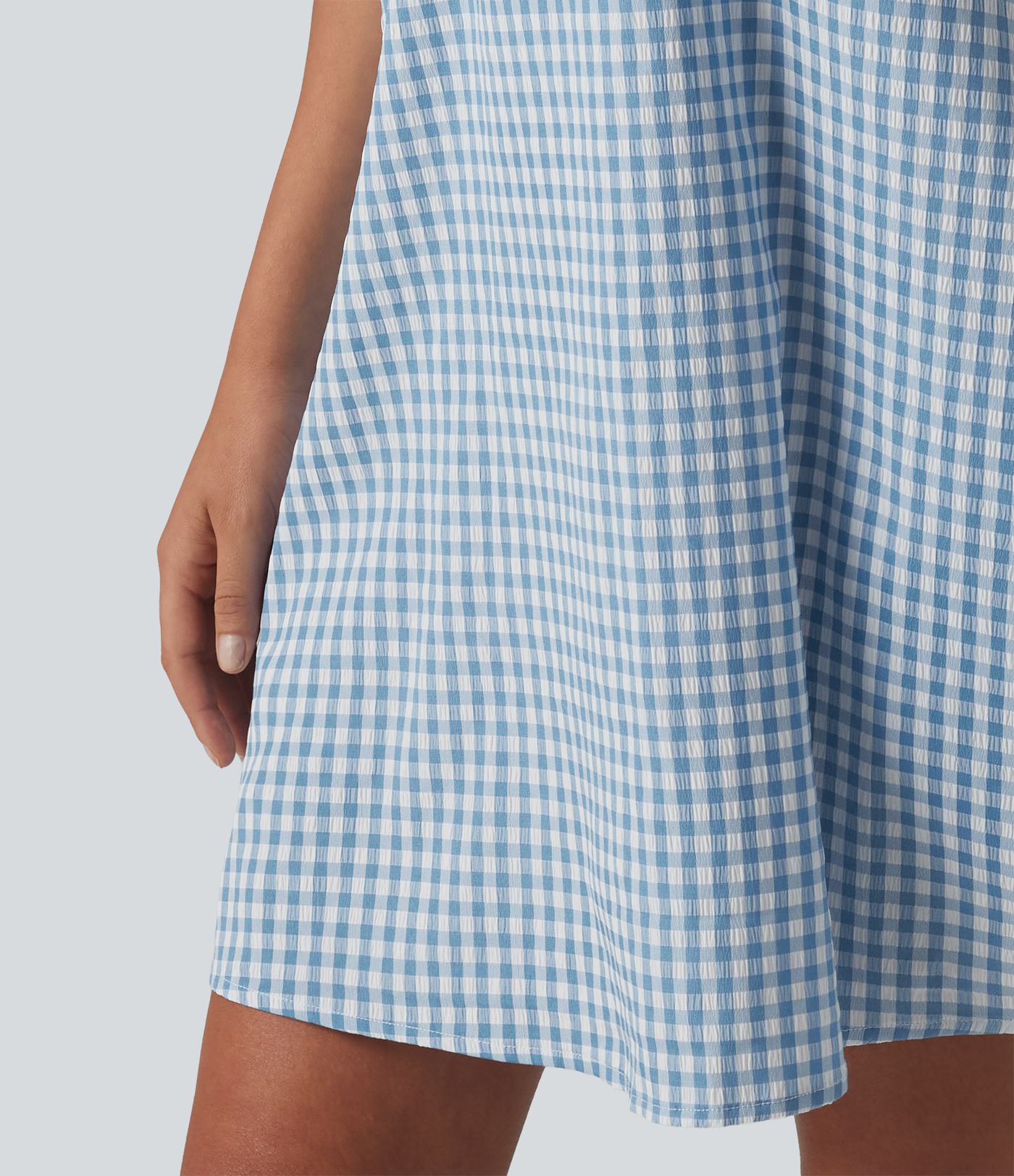 Round Neck Sleeveless Mini Crinkle Gingham Casual Tank Dress with Pockets