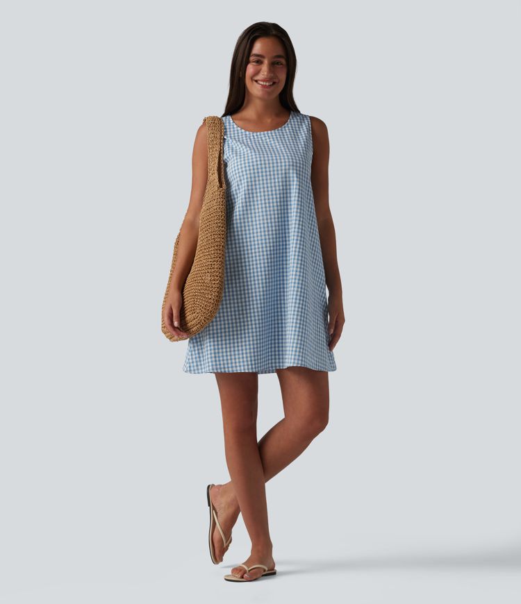 Round Neck Sleeveless Mini Crinkle Gingham Casual Tank Dress with Pockets