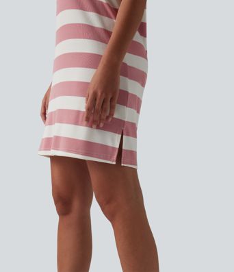 Polo Collar Short Sleeve Stripe Mini Casual Dress
