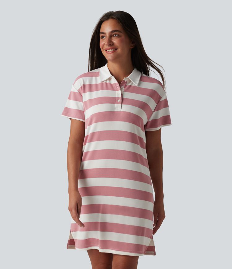 Halara Women's Polo Collar Short Sleeve Striped Knit Mini Casual Summer Dress - Ruched, Flowy - Rosewater Stripe, XL Halara Women's Polo Collar Short Sleeve Striped Knit Mini Casual Summer Dress - Ruched, Flowy - Rosewater Stripe, XL