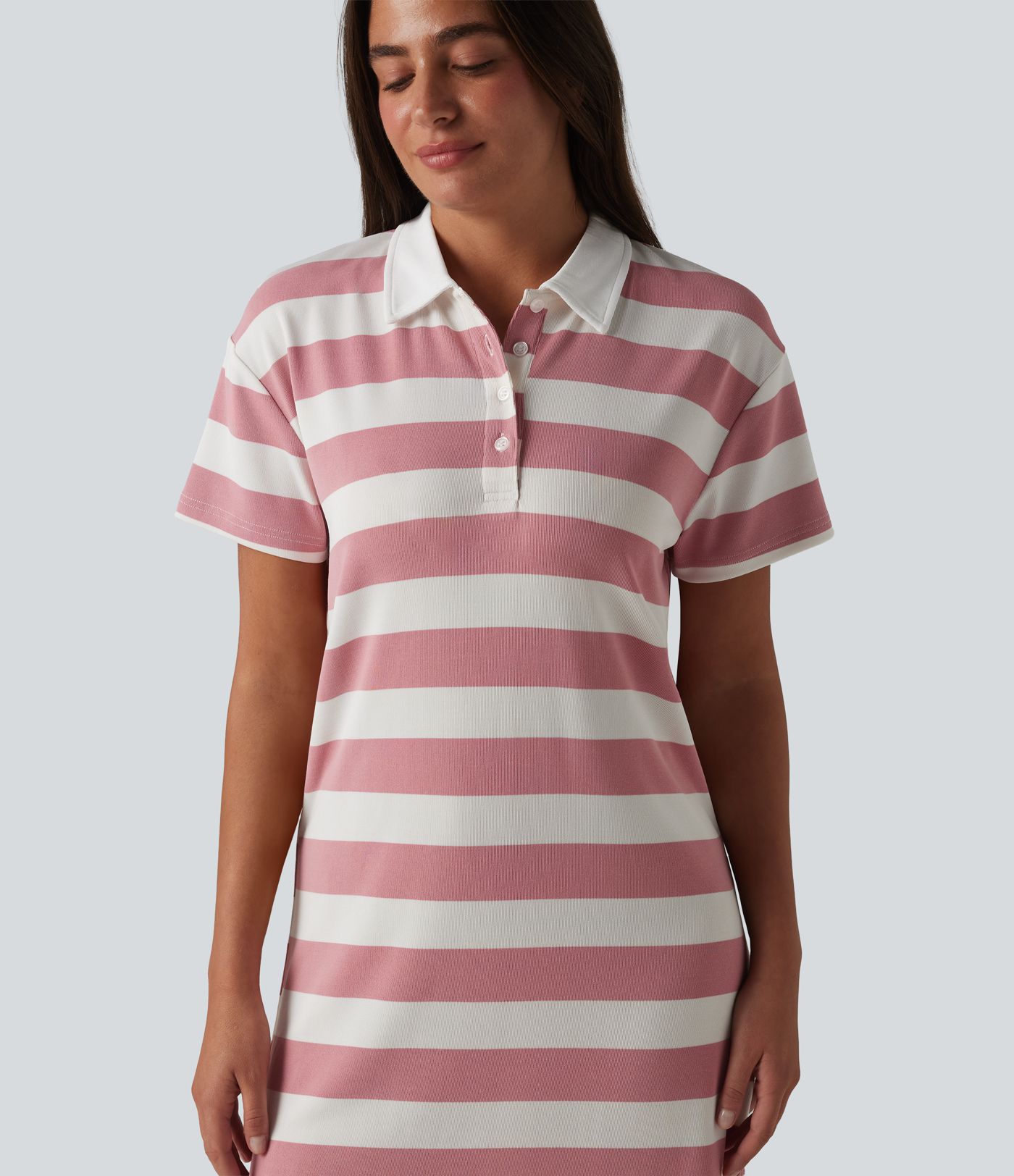 Polo Collar Short Sleeve Stripe Mini Casual Dress