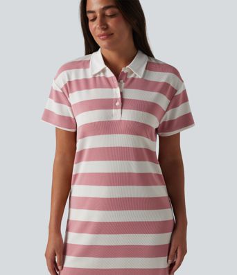 Polo Collar Short Sleeve Stripe Mini Casual Dress