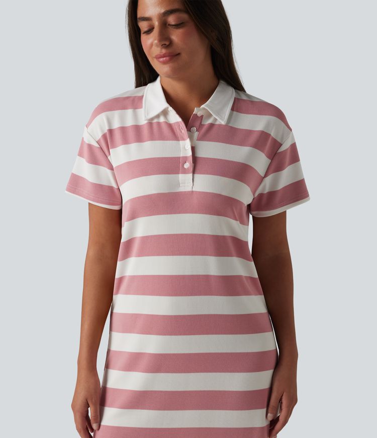 Polo Collar Short Sleeve Stripe Mini Casual Dress
