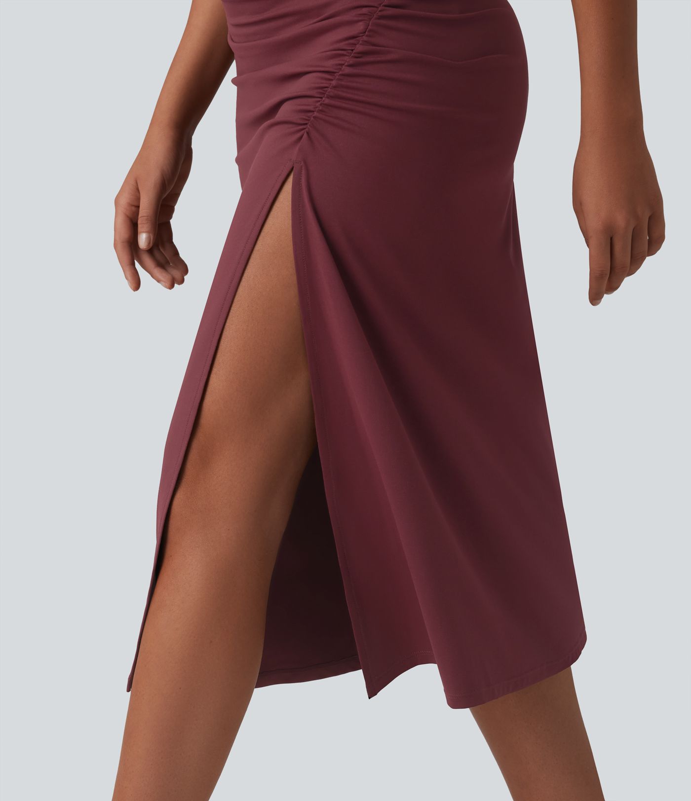 Mock Neck Sleeveless Invisible Zipper Ruched Split Midi Bodycon Casual Dress
