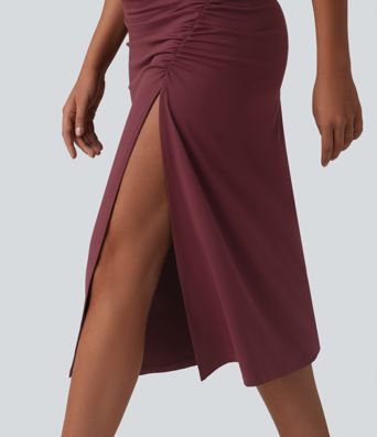 Mock Neck Sleeveless Invisible Zipper Ruched Split Midi Bodycon Casual Dress