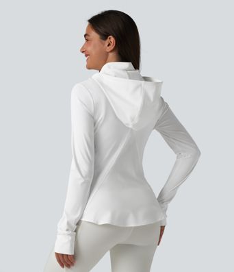 Removable Hood Thumb Holes Ruffle Hem Slim Hiking Jacket