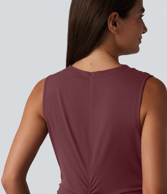 Mock Neck Sleeveless Invisible Zipper Ruched Split Midi Bodycon Casual Dress