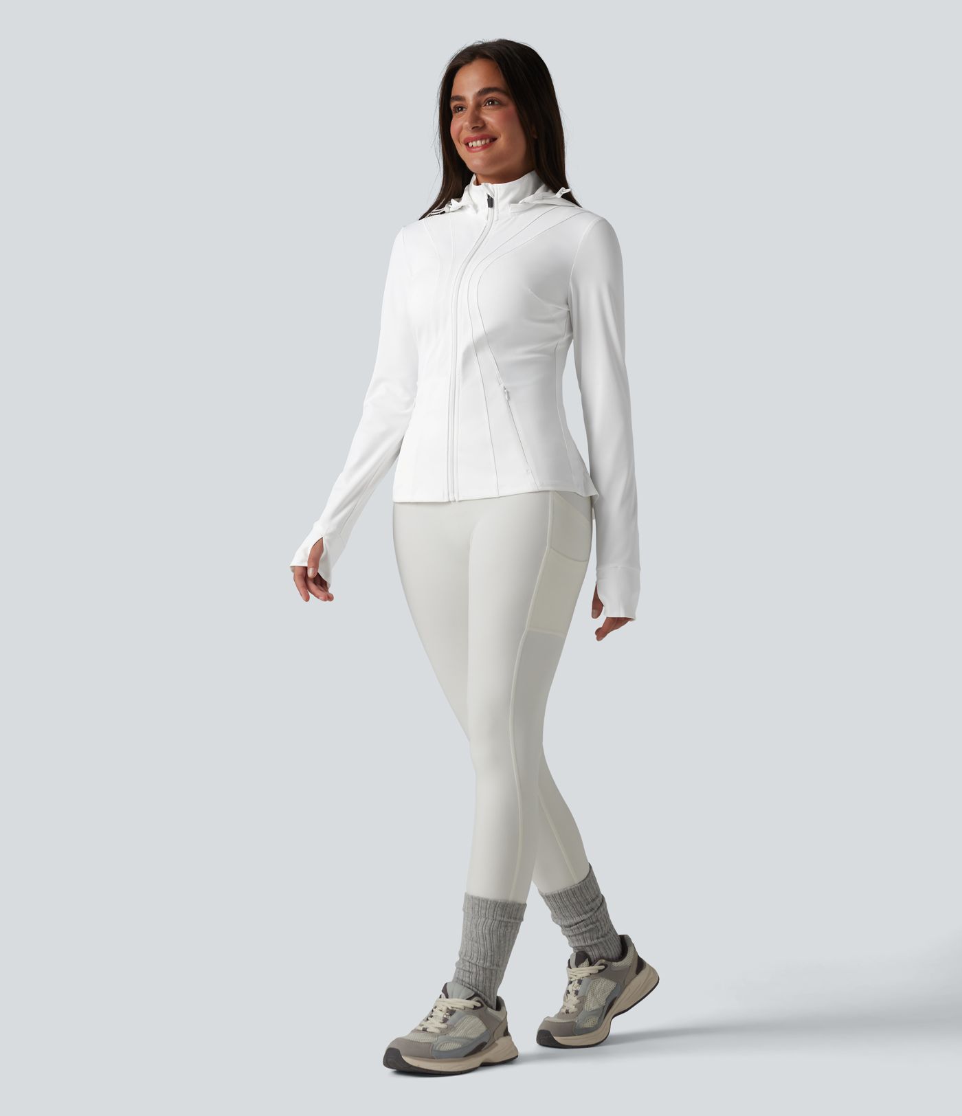 Removable Hood Thumb Holes Ruffle Hem Slim Hiking Jacket
